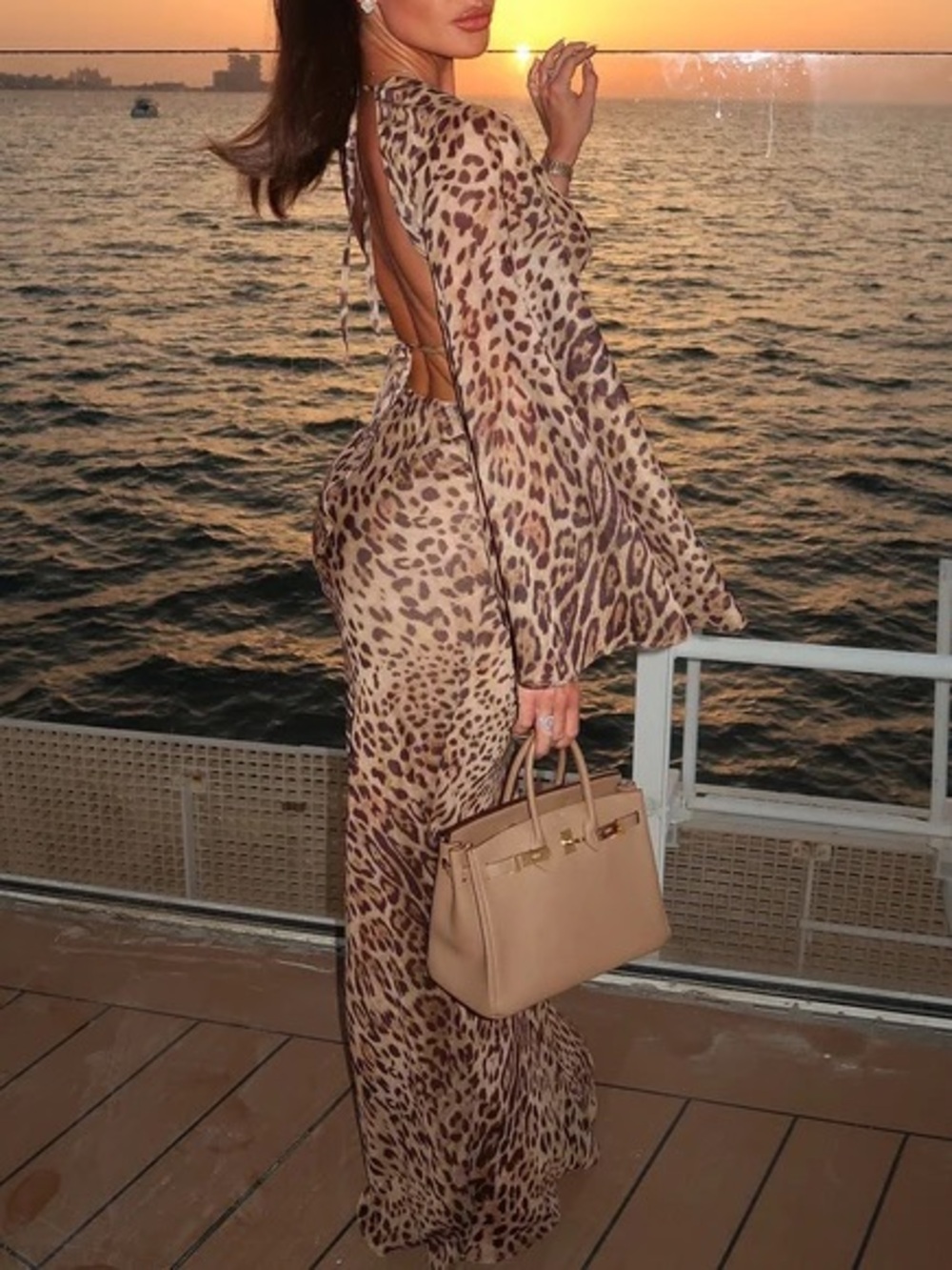 Fashion Nova Beige & Brown Leopard Print Backless Maxi Dress